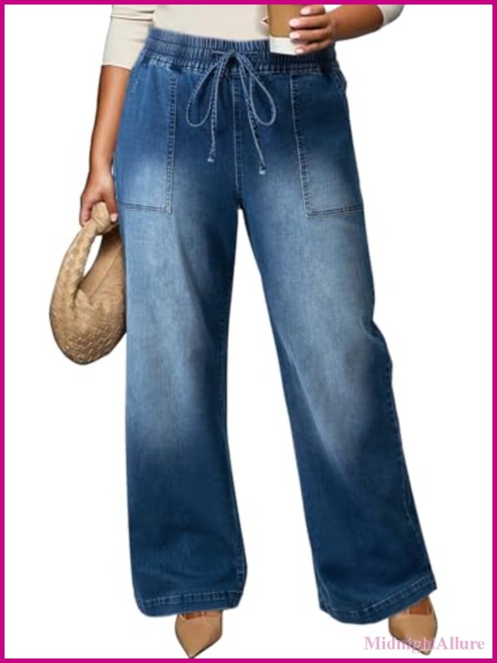 Plus Size High Waisted Wide Leg Jeans Stretchy Drawstring Denim Pants